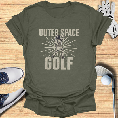 Olive green t-shirt with "Outer Space Golf" text and astronaut graphic.