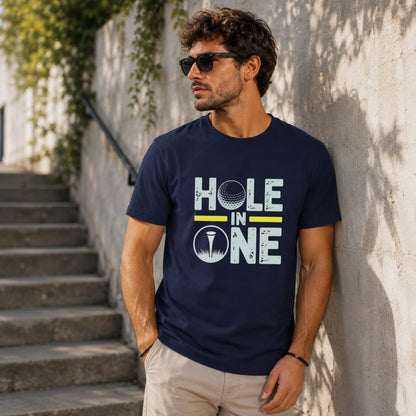 Navy t-shirt with "Hole In One" text and golf graphic.