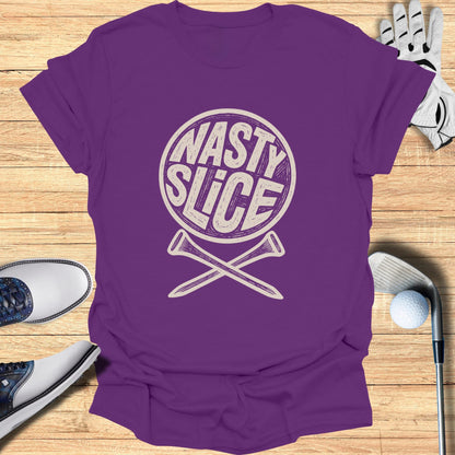Purple t-shirt with "NASTY SLICE" logo, golf clubs, and balls.