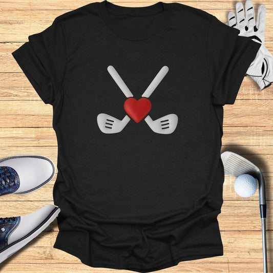 Heart and Golf Clubs Design on Black T-shirt