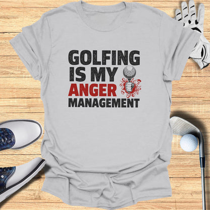 Gray t-shirt with black text "GOLFING IS MY ANGER MANAGEMENT" and red graphic.