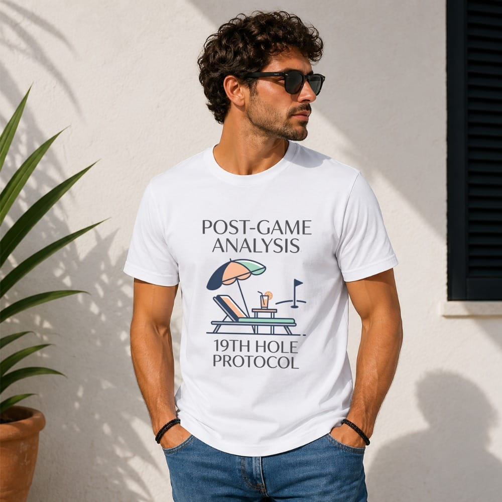 White t-shirt with "Post-Game Analysis, 19th Hole Protocol" text and golf icons.