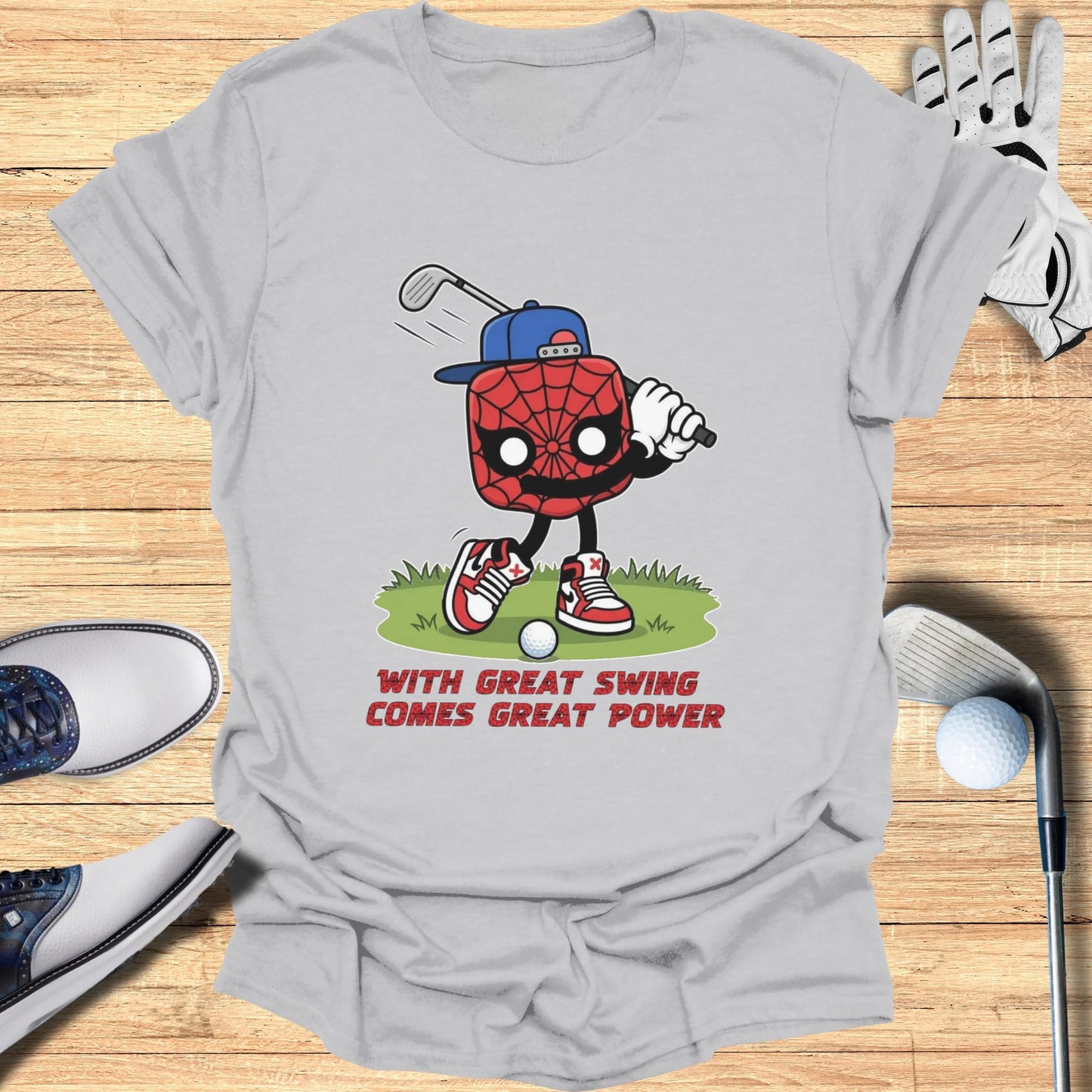 Spiderman character playing golf with text "With Great Swing Comes Great Power."