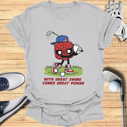 Spiderman character playing golf with text "With Great Swing Comes Great Power."