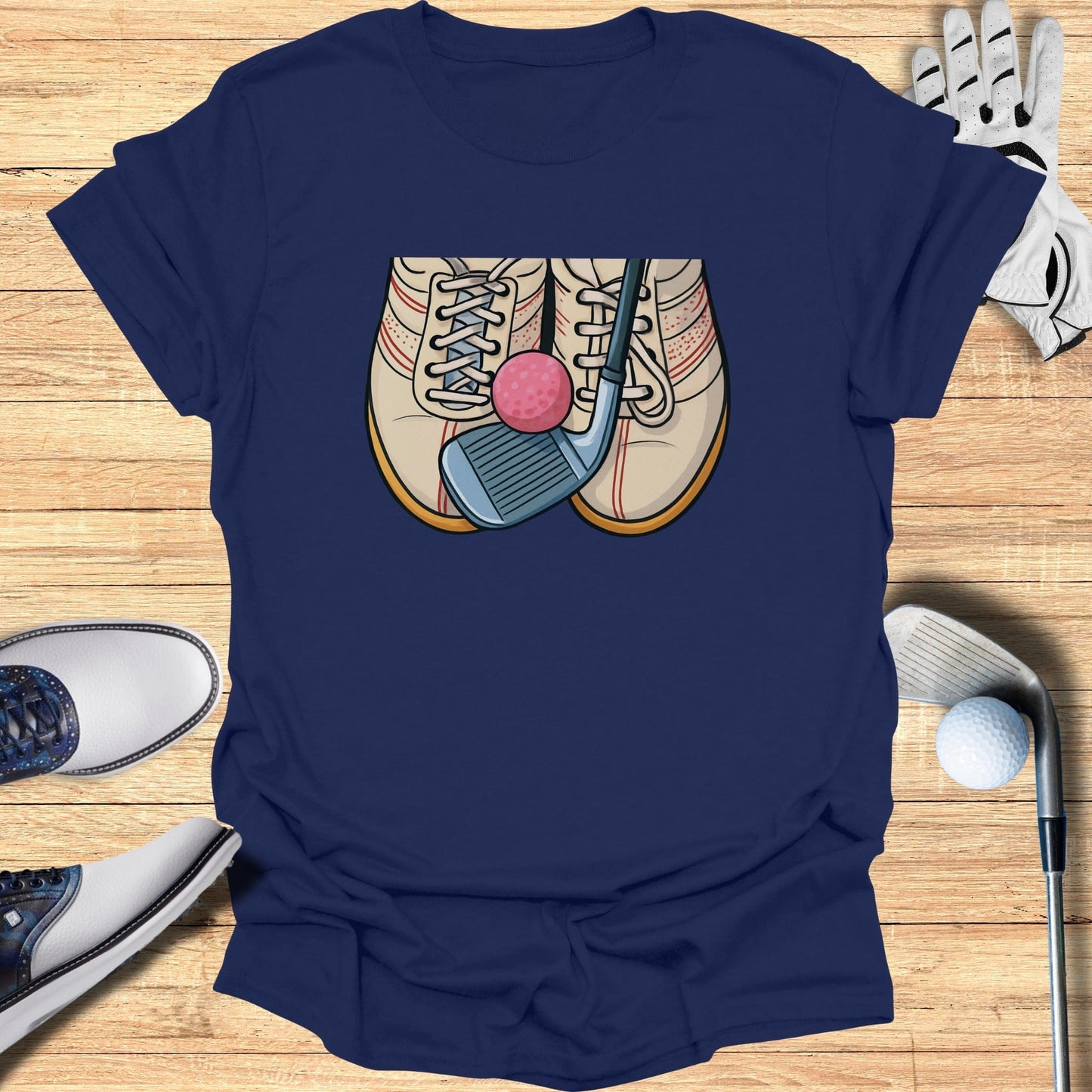 Golf-themed sneakers and club graphic T-shirt product