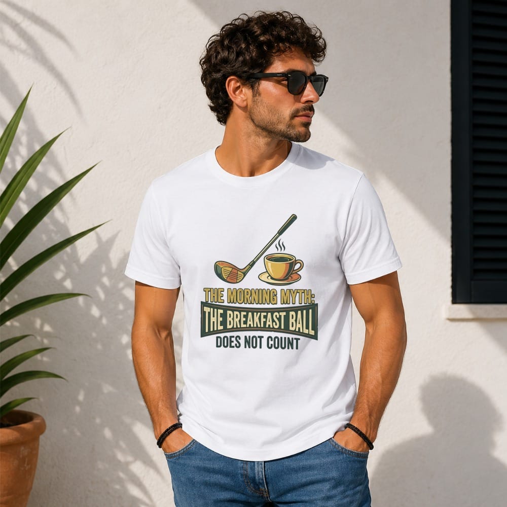 Man in white t-shirt with golf club and coffee cup graphic that reads "The Morning Myth: The Breakfast Ball Does Not Count".