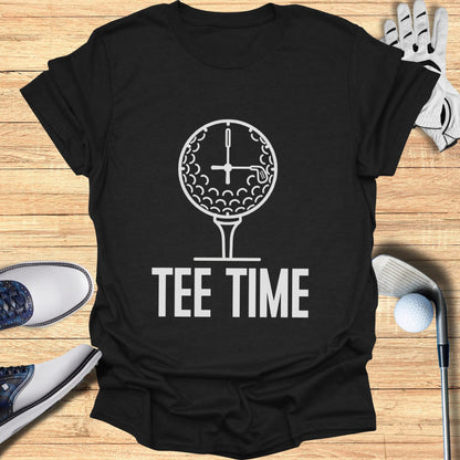 Black t-shirt with white "TEE TIME" text and a golf ball clock graphic.
