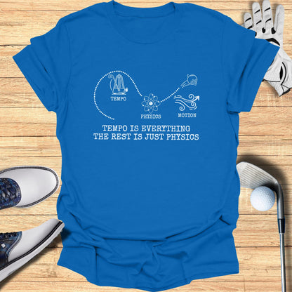Blue t-shirt with white text and graphics about tempo and physics.
