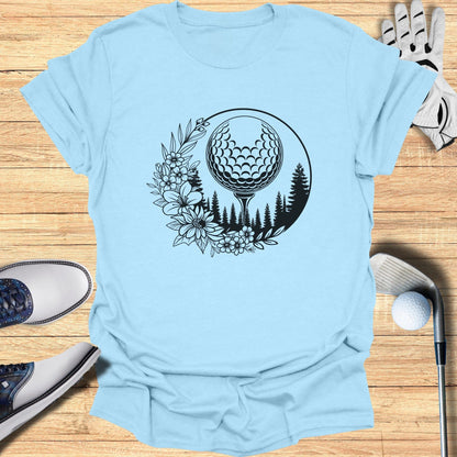 Golf Ball and Floral Design Sky Blue T-Shirt