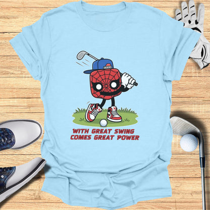 Spider-Man character golfing with text "With Great Swing Comes Great Power".