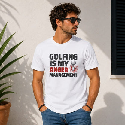 White t-shirt with "Golfing is my anger management" text and golf ball graphic.