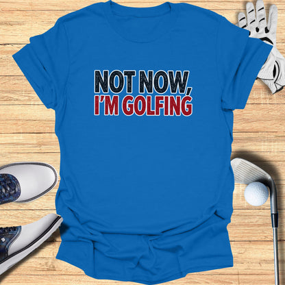 Blue t-shirt with "NOT NOW, I'M GOLFING" text, golf shoes, and ball.