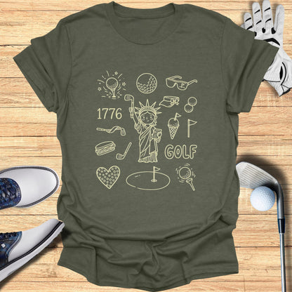 T-shirt with golf and patriotic doodles including Statue of Liberty, flag, ice cream.