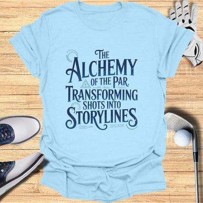 Light blue t-shirt with "The Alchemy of the Par" and "Shots into Storylines" text.