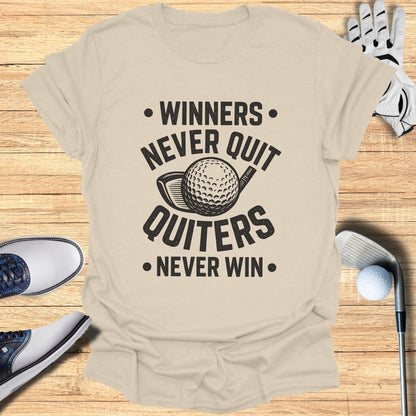 T-shirt with "Winners Never Quit, Quiters Never Win" and golf imagery.