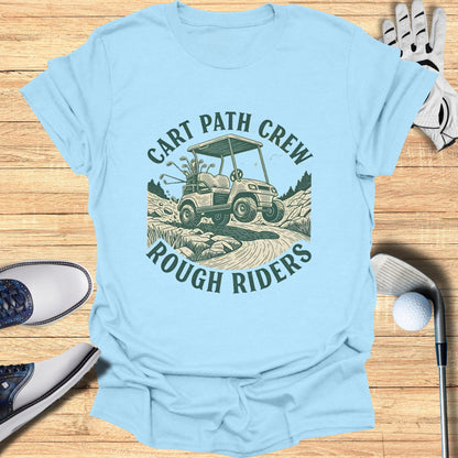 Golf cart with "Cart Path Crew Rough Riders" text, surrounded by golf gear.