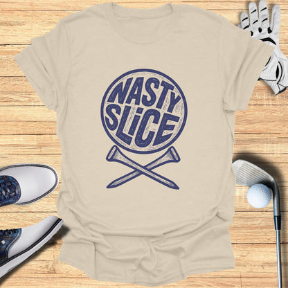 Beige t-shirt with circular "NASTY SLICE" logo and crossed golf tees.