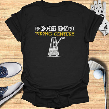 Black t-shirt with "PERFECT TEMPO WRONG CENTURY" and a metronome.