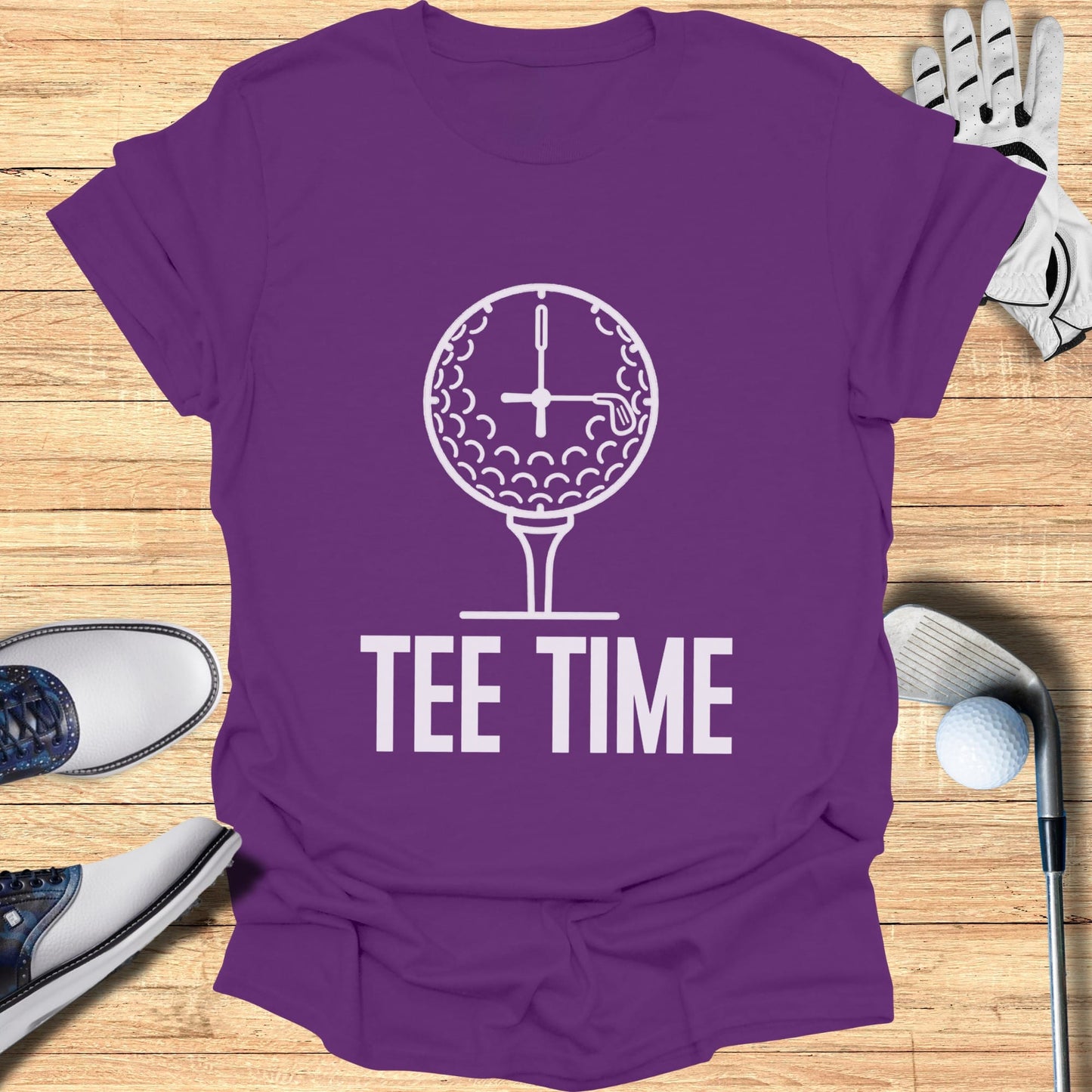 Purple t-shirt with white "TEE TIME" text and golf clock graphic.