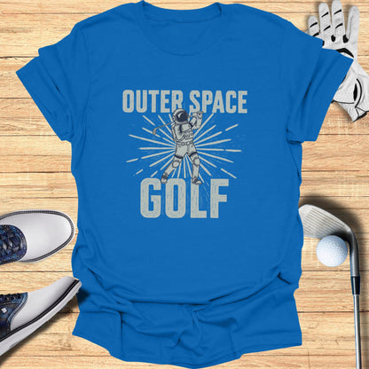 Astronaut swinging golf club with "Outer Space Golf" text.