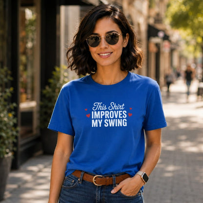 Blue t-shirt with text "This Shirt Improves My Swing" and heart accents.