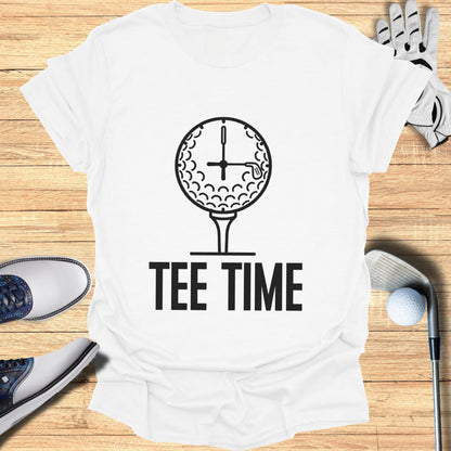White t-shirt with "TEE TIME" text and golf ball clock graphic.