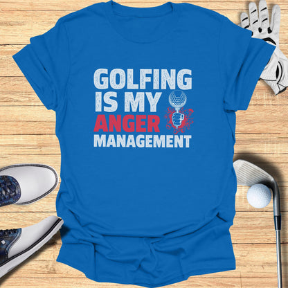 Blue t-shirt with "Golfing Is My Anger Management" text.