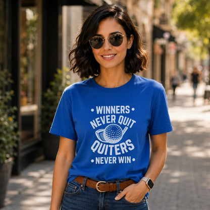 Woman wearing a blue t-shirt with "Winners Never Quit, Quitters Never Win" and golf graphic.