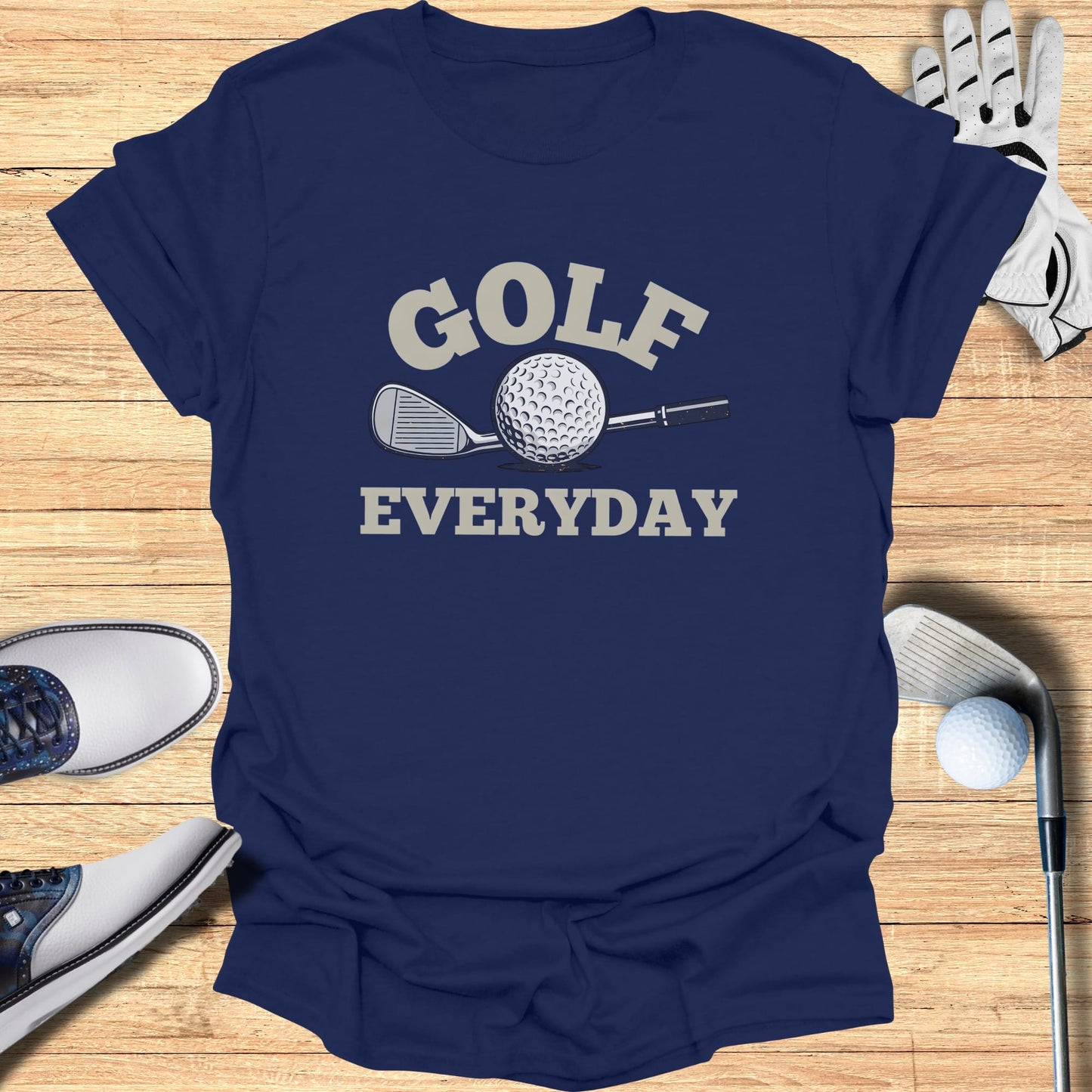 Navy t-shirt with "GOLF EVERYDAY" and golf club and ball graphic.
