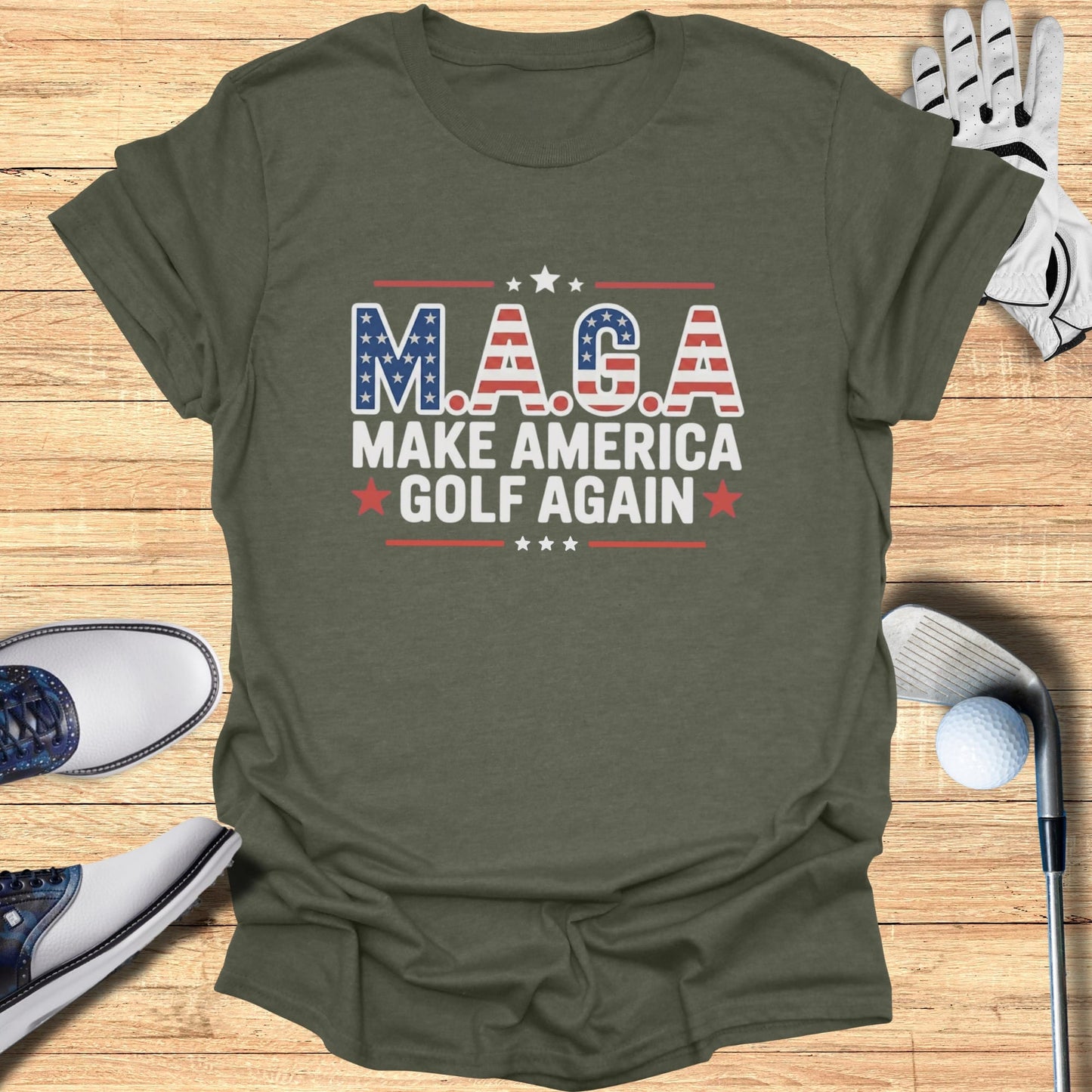 Olive green t-shirt with red, white, and blue M.A.G.A. text.