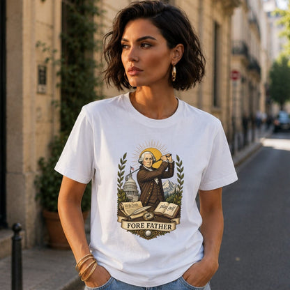 Woman wearing white t-shirt with "Fore Father" golf graphic featuring George Washington.