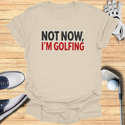 T-shirt with "NOT NOW, I'M GOLFING" text, golf club, glove, and shoes.