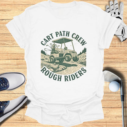 White t-shirt with "CART PATH CREW ROUGH RIDERS" text and golf cart graphic.