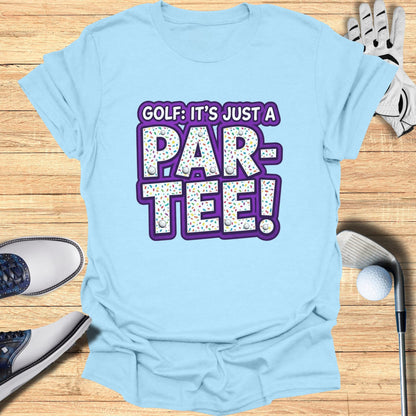 Light blue t-shirt with "GOLF: IT'S JUST A PAR-TEE!" text and sprinkle donut graphic.