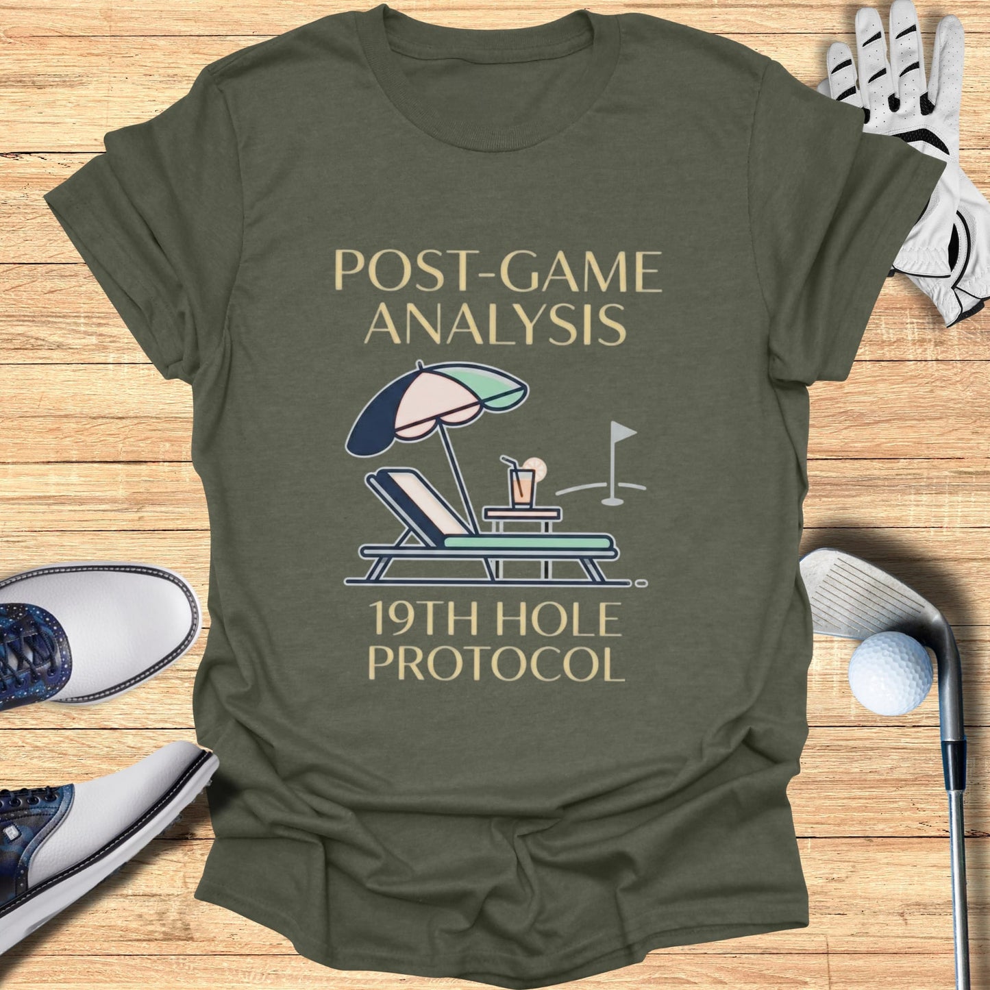 T-shirt with "Post-Game Analysis 19th Hole Protocol" text and golf graphics.