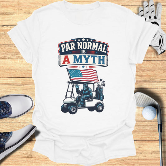 Bigfoot in a golf cart with American flag and text "Par Normal Is A Myth".