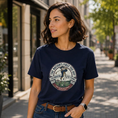 Navy t-shirt with circular graphic for "The Nation's First Tee-Off" celebrating 250 years.
