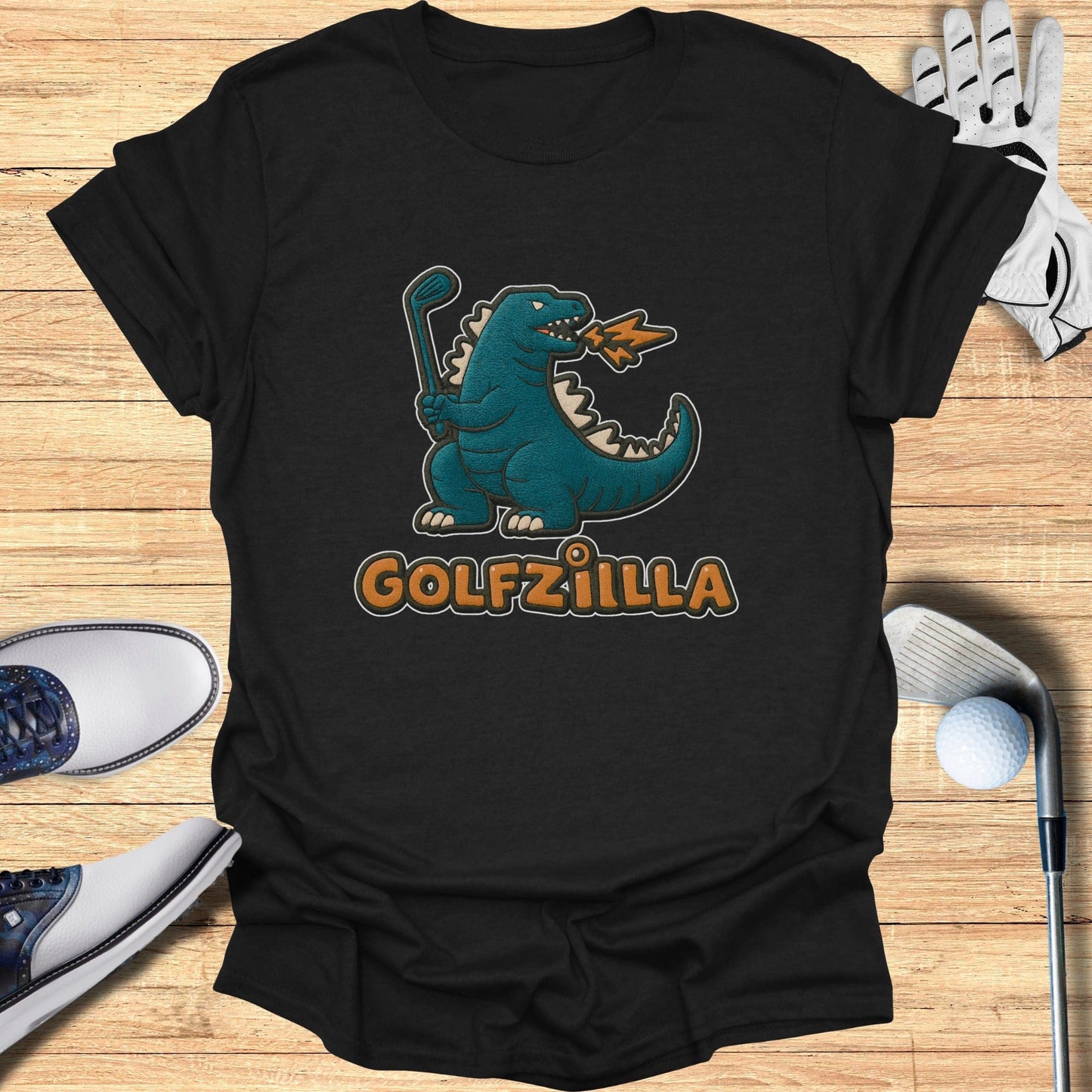 Golfzilla T-Shirt with Cartoon T-Rex Athlete Parody