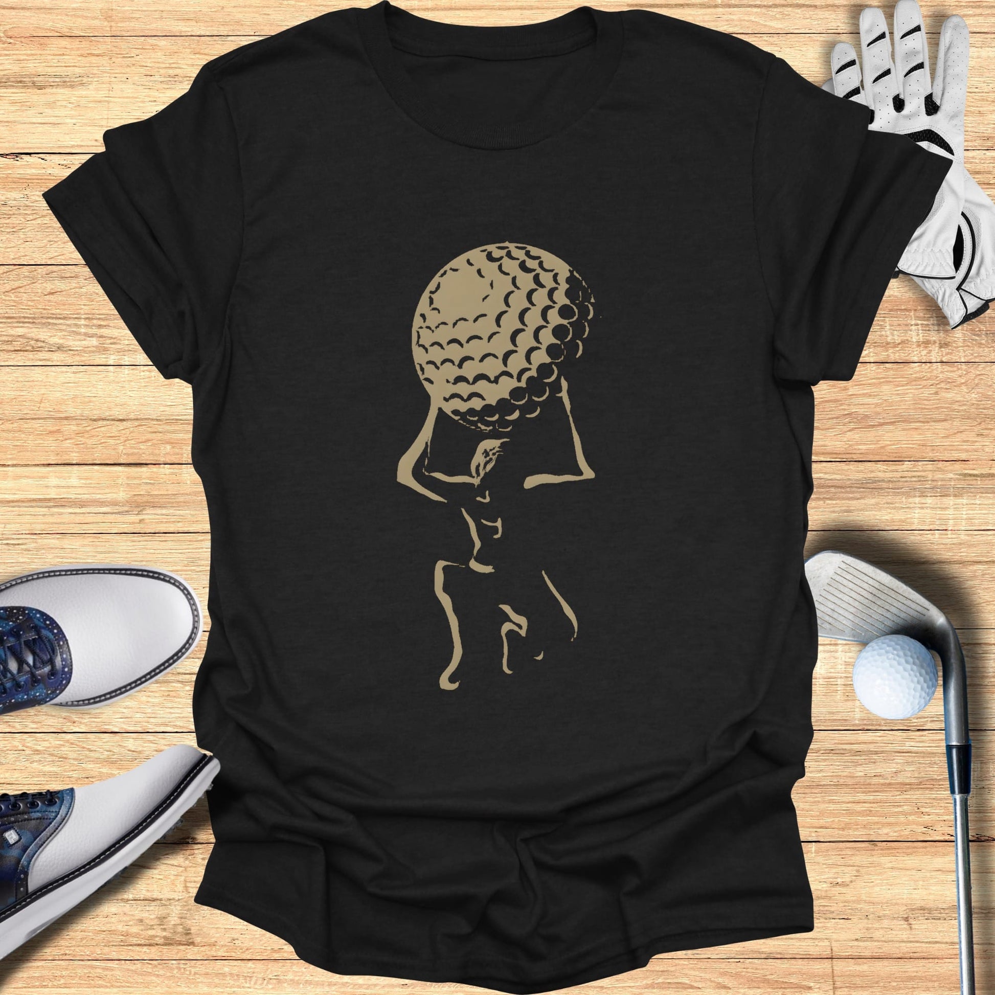 Black t-shirt with gold graphic of a figure holding a large golf ball.