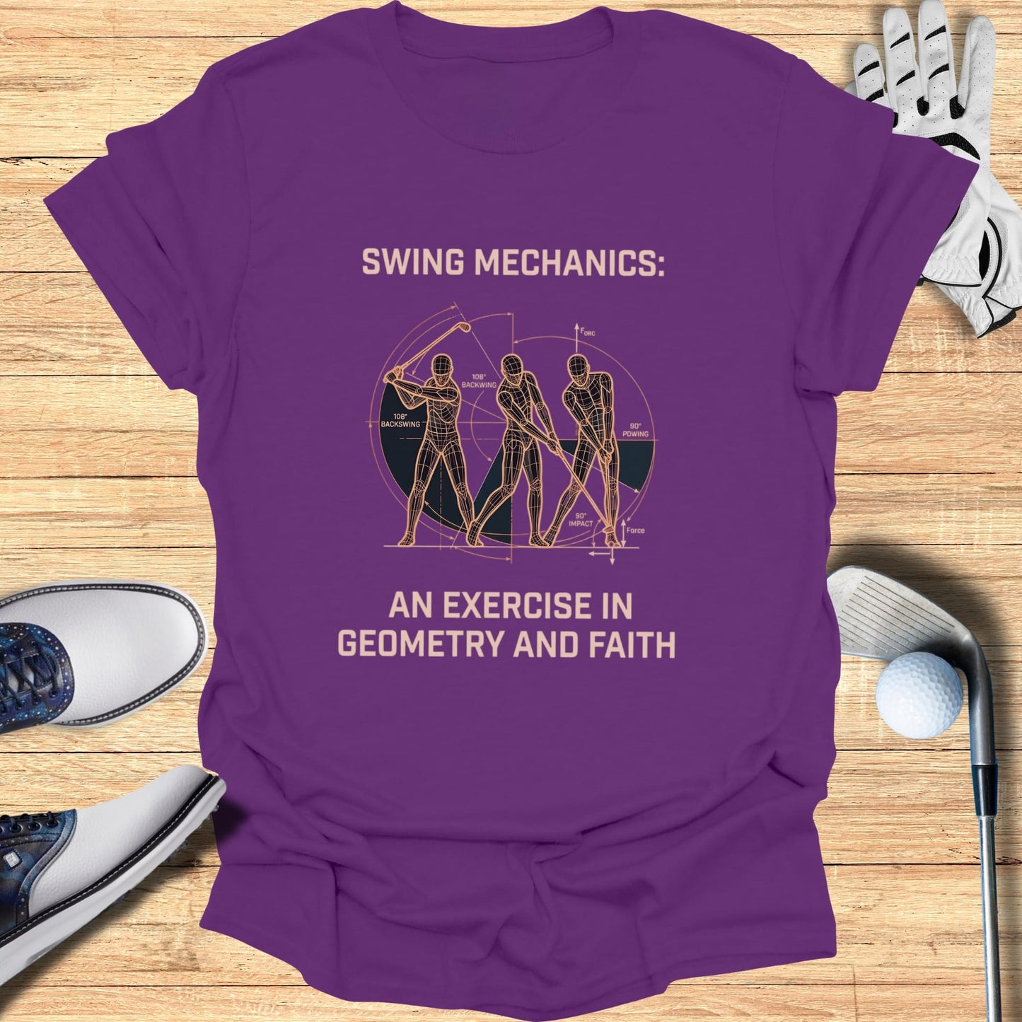 T-shirt with diagram of golf swing mechanics and text "Swing Mechanics".