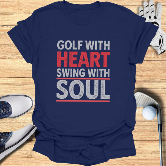 Navy t-shirt with "Golf with Heart Swing with Soul" text, golf shoes, and ball.