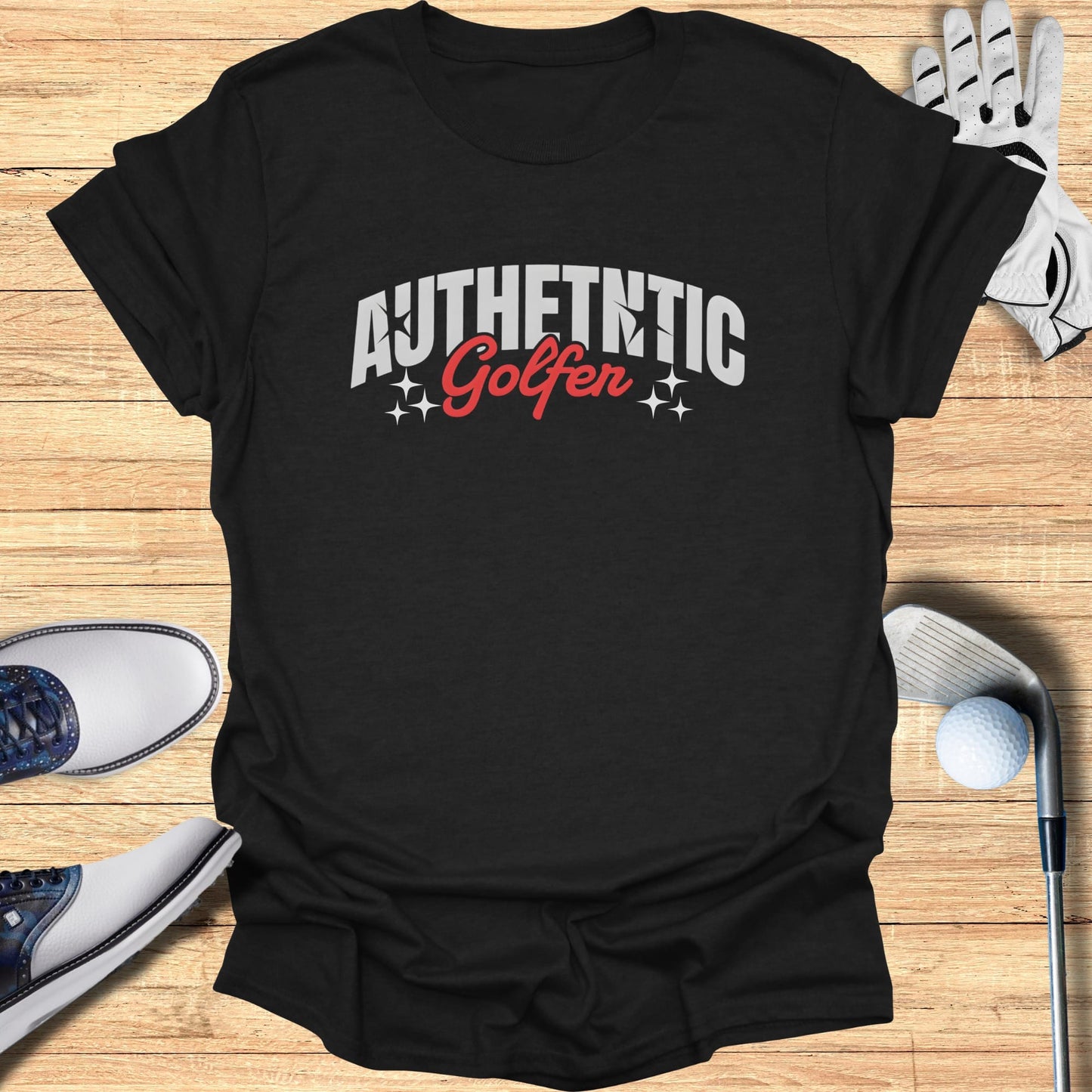 Black t-shirt with "AUTHENTIC Golfer" text in white and red lettering.