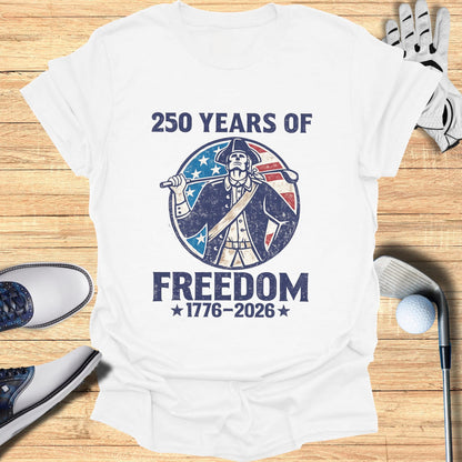 T-shirt with "250 Years of Freedom 1776-2026" and patriotic graphic.