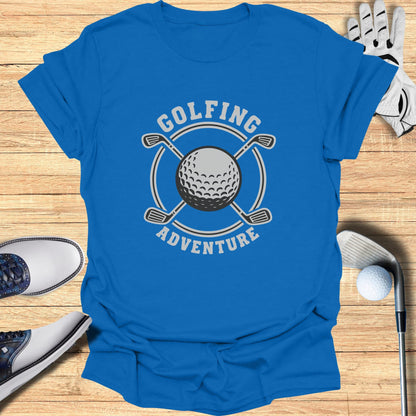 Blue t-shirt with "GOLFING ADVENTURE" text and golf ball emblem.