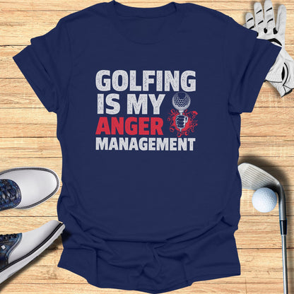 Navy t-shirt with "Golfing is my anger management" text and golf graphics.