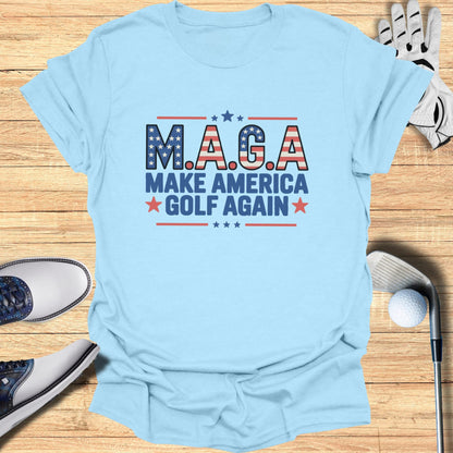 Light blue t-shirt with "M.A.G.A. Make America Golf Again" text and stars.