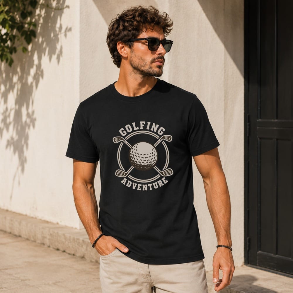 Man wearing black t-shirt with "Golfing Adventure" text and crossed golf clubs graphic.