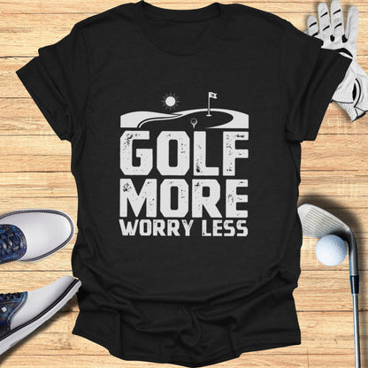 Black t-shirt with "GOLF MORE WORRY LESS" text and golf imagery.