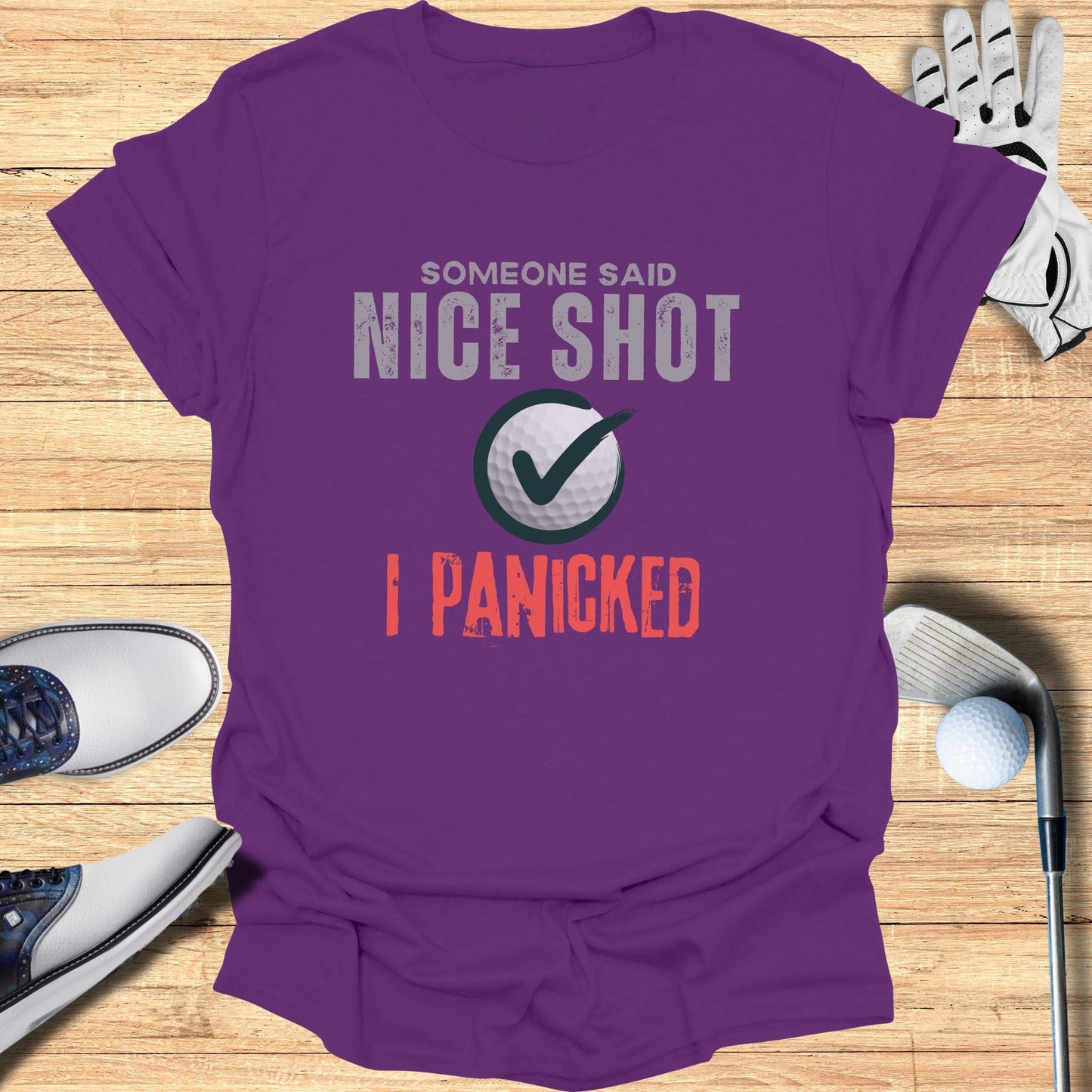 Nice Shot Panic T-Shirt - Funny Golf Tee by Swing Epic