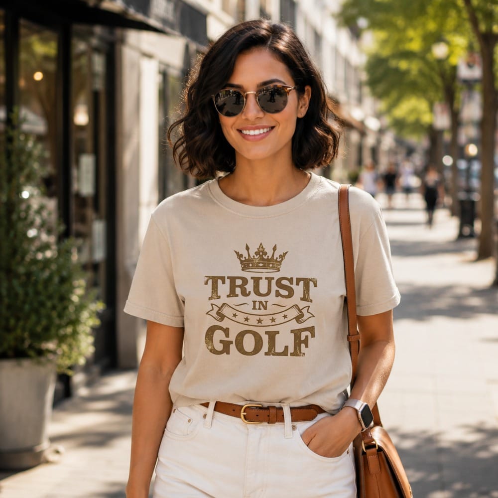 Woman in tan t-shirt with "Trust in Golf" text and crown graphic.